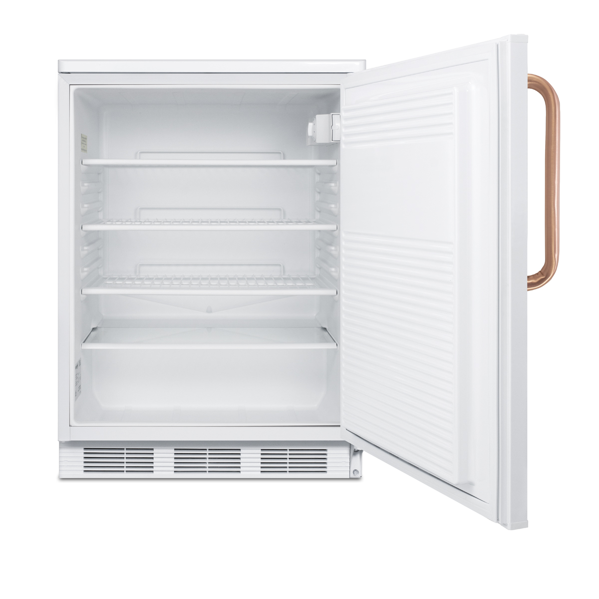 Commercially listed freestanding all-refrigerator for general purpose use, with pure copper handle, front lock, automatic defrost operation, and white exterior